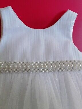 White Ruffle Pearl-Trim Girls' Dress -Couture Princess. 3 months